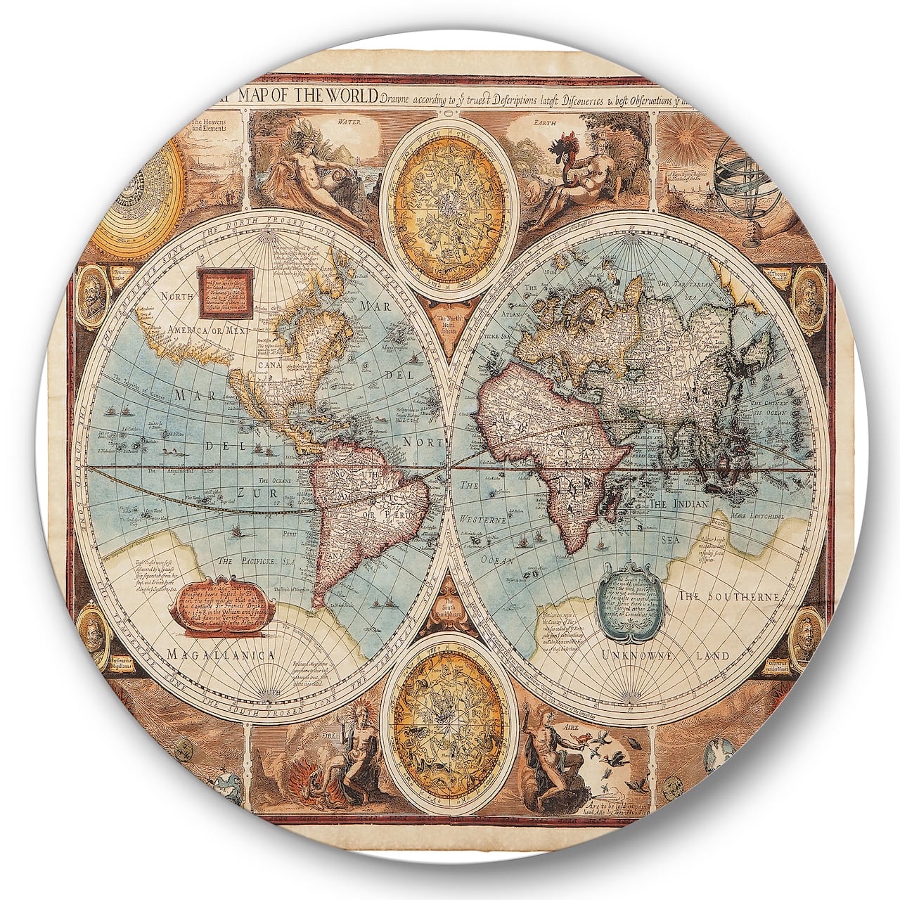 Designart - Ancient Map of The World VIII - Vintage Metal Circle Wall Art